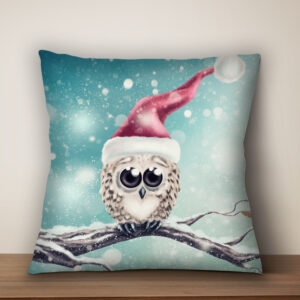 Подушка з новорічним принтом Сова в шапці Санти