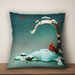 Подушка з новорічним принтом Білі зайці з подарунками