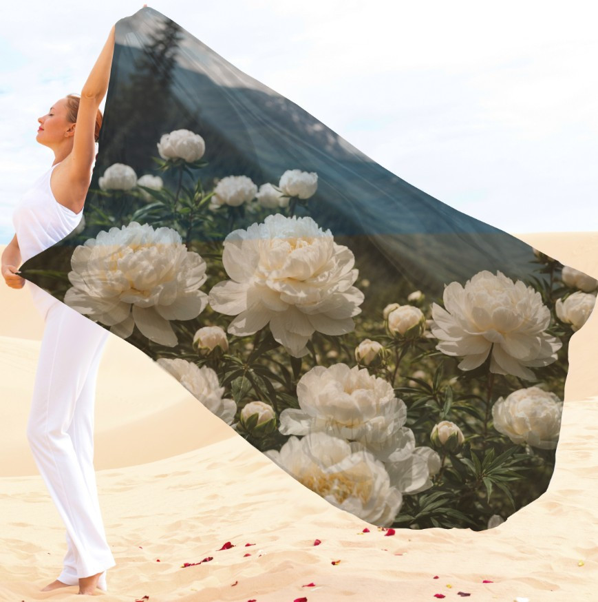 Парео-хустка-палантин 10в1 з принтом Квітковий принт Білі півонії ВСІ Розміри