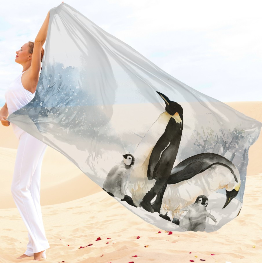 Парео-хустка-палантин 10в1 з принтом Родина пінгвінів ВСІ Розміри