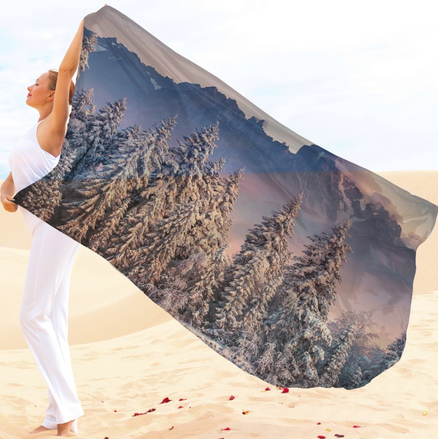 Парео-хустка-палантин 10в1 з принтом Сніжний ліс у горах ВСІ Розміри