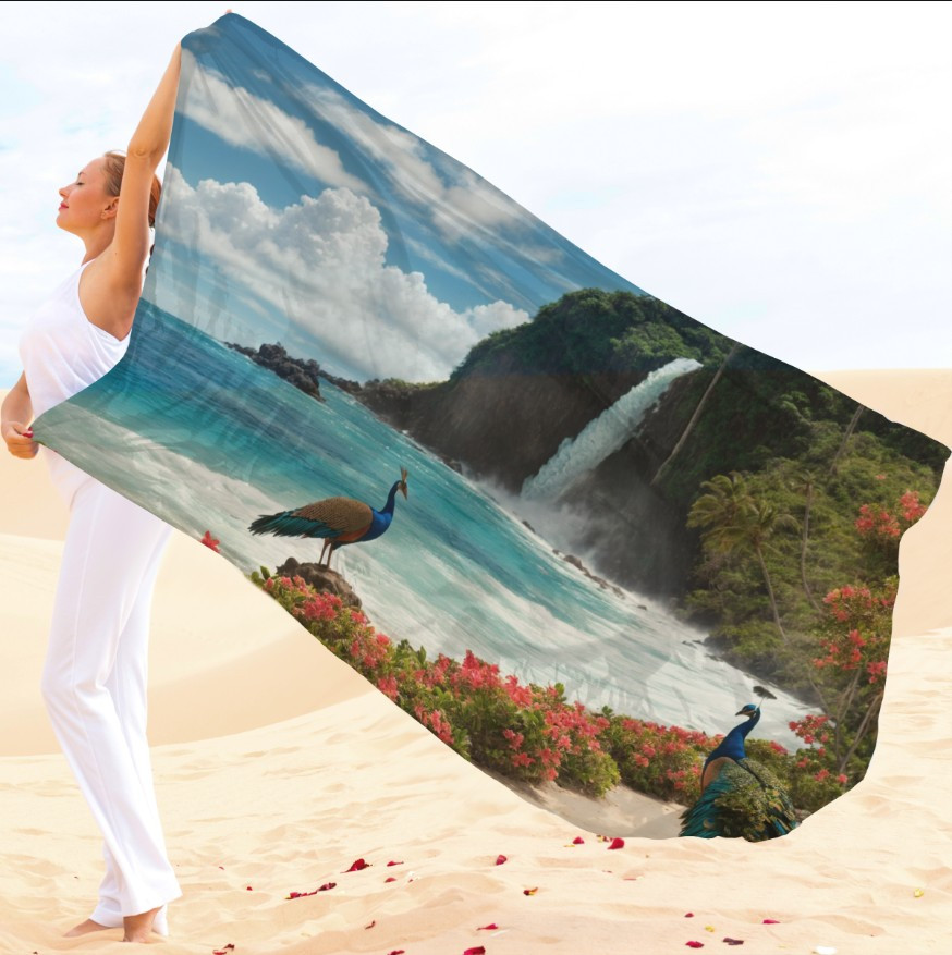 Парео-хустка-палантин 10в1 з принтом Павичі та водоспад ВСІ Розміри