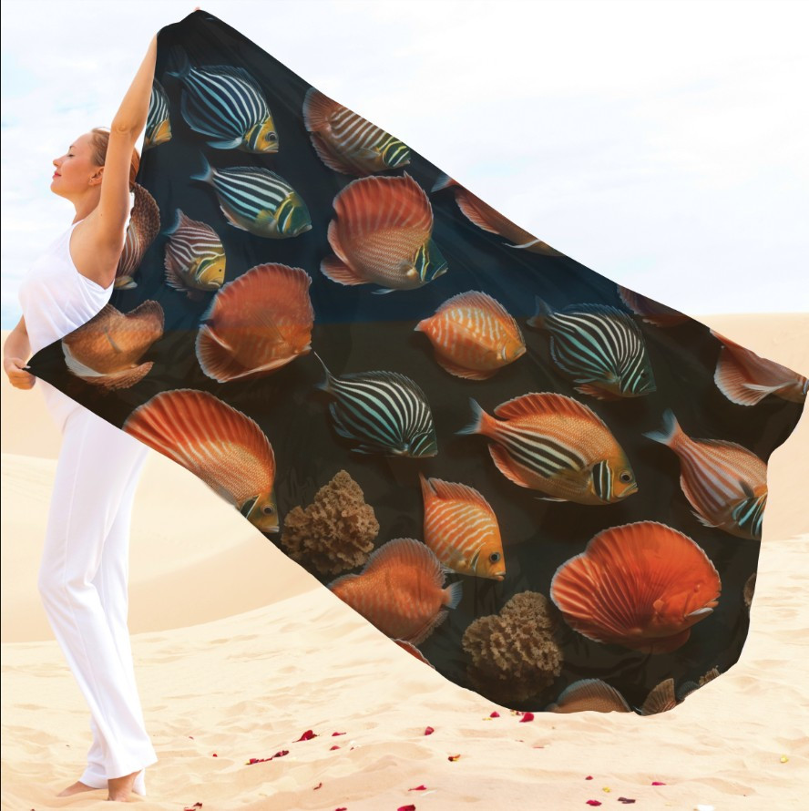 Парео-хустка-палантин 10в1 з принтом Різнокольорові рибки ВСІ Розміри