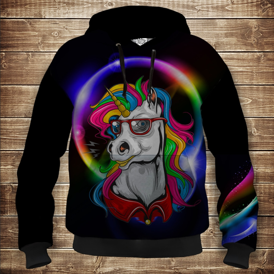 Толстовка унісекс з 3D принтом на тему: Одноріжка в окулярах ВСІ Розміри Преміум тканина