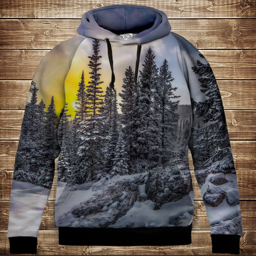 Толстовка унісекс з 3D принтом на тему: Зимовий ліс ВСІ Розміри Преміум тканина