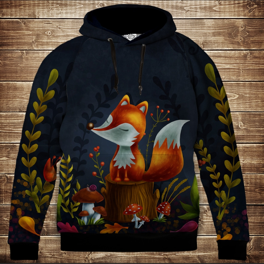 Толстовка унісекс з 3D принтом на тему: Лисичка на пеньку ВСІ Розміри Преміум тканина