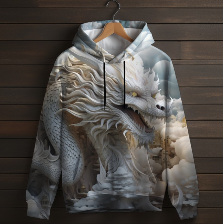 Толстівка-кенгуру (толстовка) з 3D принтом Білий дракон ВСІ Розміри Преміум тканина
