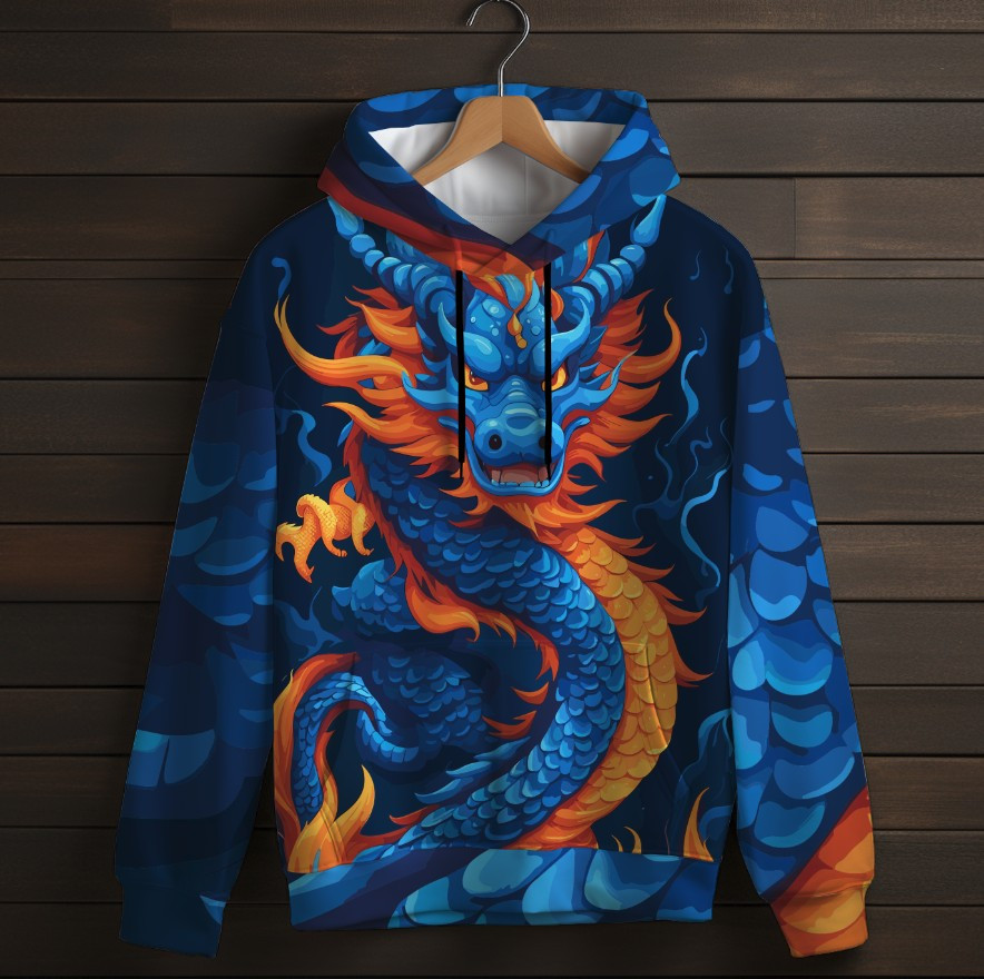 Толстівка-кенгуру (толстовка) з 3D принтом Синій дракон ВСІ Розміри Преміум тканина