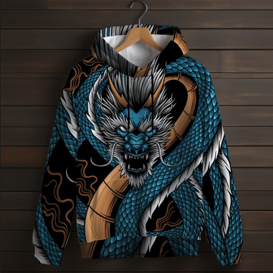 Толстівка-кенгуру (толстовка) з 3D принтом Синій дракон ВСІ Розміри Преміум тканина