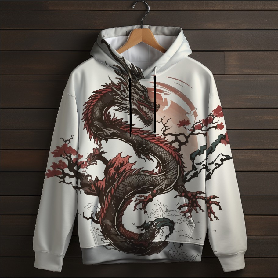 Толстівка-кенгуру (толстовка) з 3D принтом Китайський дракон на білому фоні ВСІ Розміри Преміум тканина