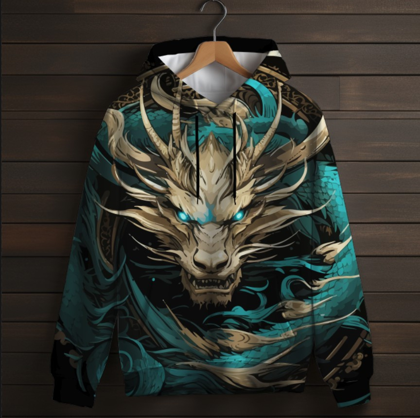 Толстівка-кенгуру (толстовка) з 3D принтом Золотий дракон ВСІ Розміри Преміум тканина