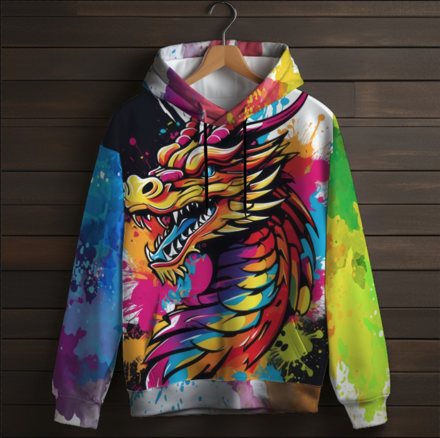 Толстівка-кенгуру (толстовка) з 3D принтом Акварельний арт дракон ВСІ Розміри Преміум тканина
