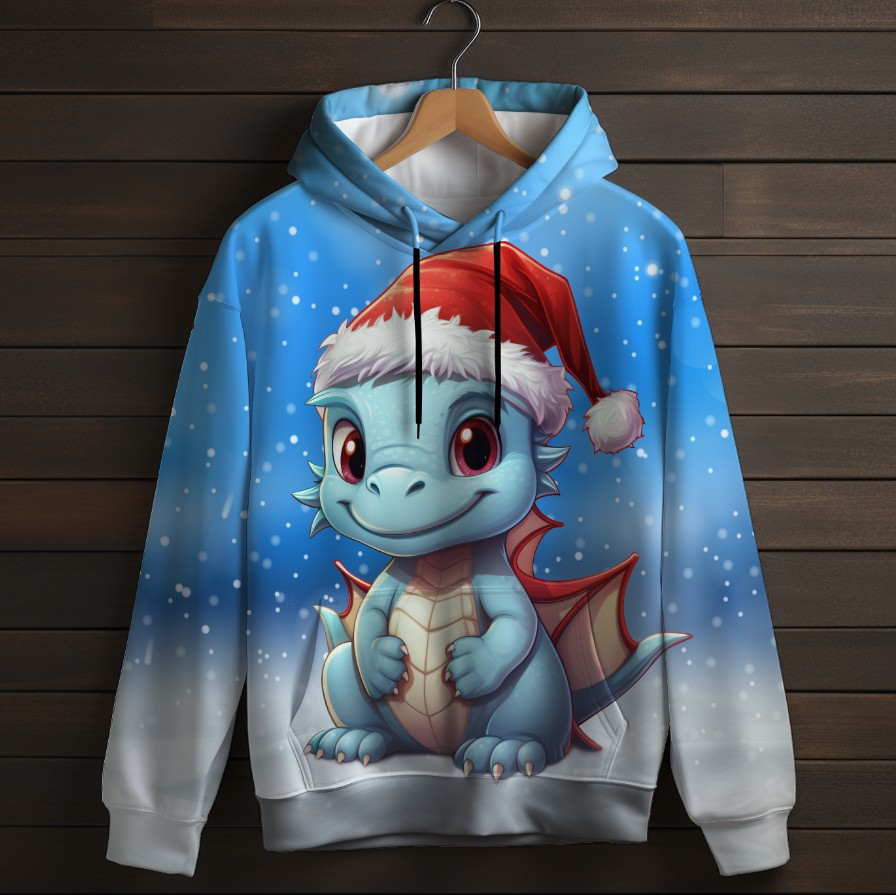 Толстівка-кенгуру (толстовка) з 3D принтом Блакитний дракон у шапці Санти ВСІ Розміри Преміум тканина