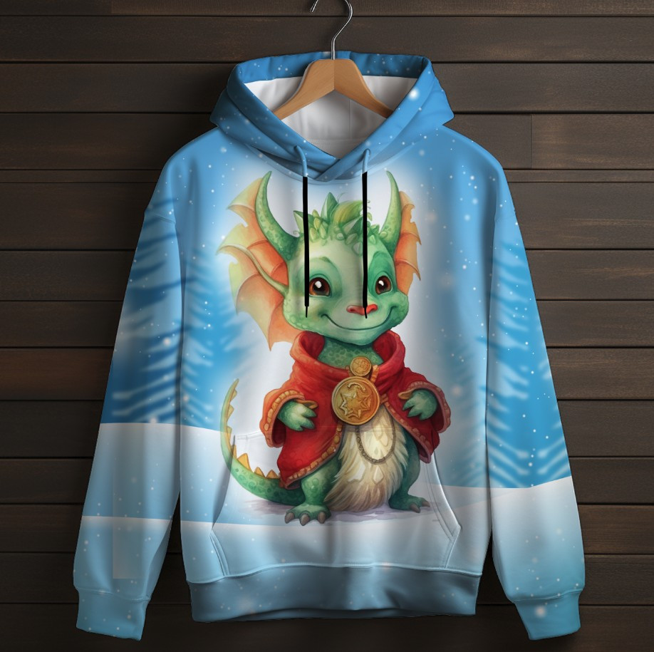 Толстівка-кенгуру (толстовка) з 3D принтом Зелений дракончик ВСІ Розміри Преміум тканина