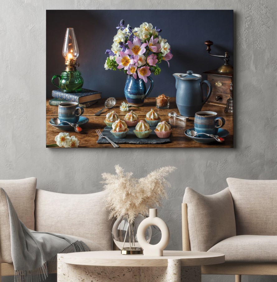 Картина полотно з 3Д принтом Букет квітів і тістечка
