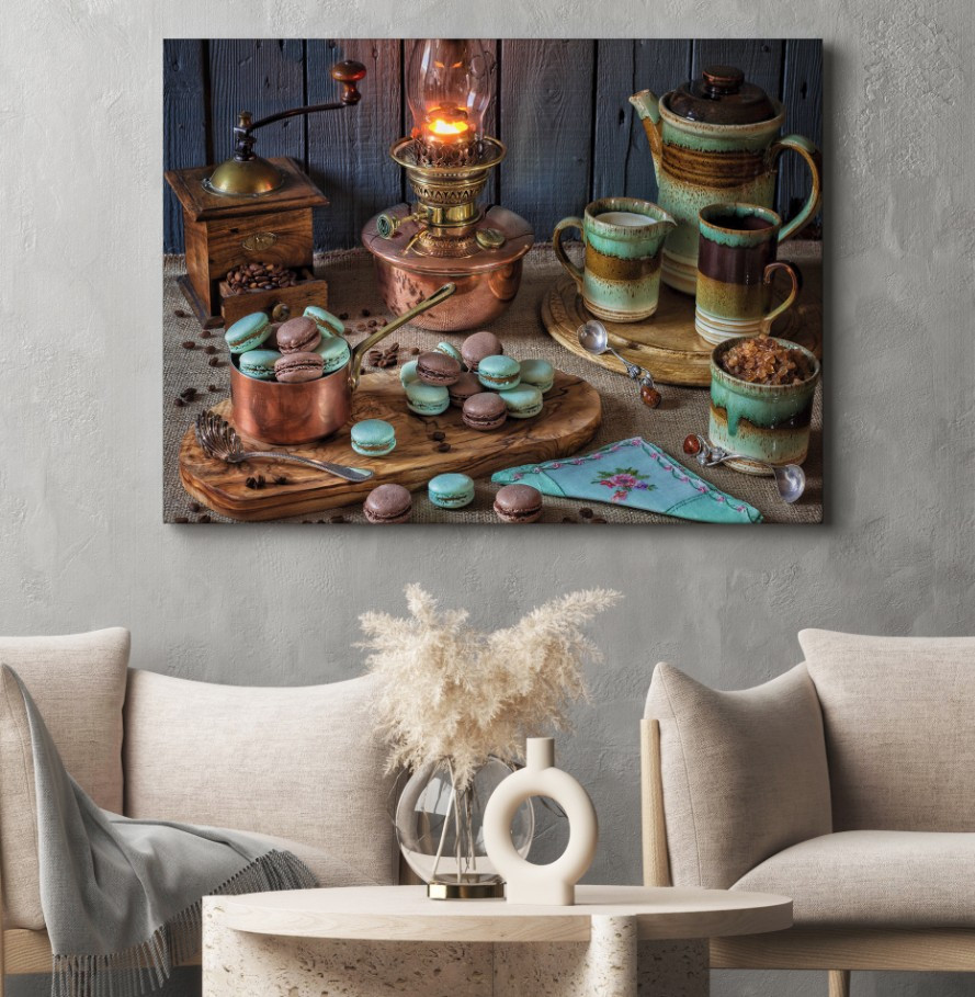 Картина полотно з 3Д принтом Лампа кава макаруни