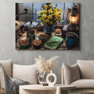 Картина полотно з 3Д принтом Букет квітів кава і тістечка