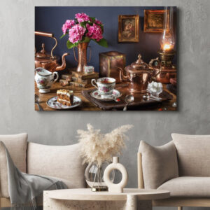 Картина полотно з 3Д принтом Букет квітів чай і тістечка