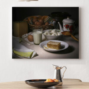 Картина з натюрмортом - Сільський сніданок. Склянка молока мед і сир