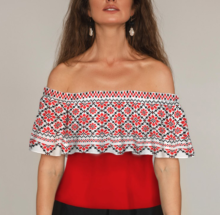 Блуза ЛАДА Вишиванка з воланом і відкритими плечима ВСІ Розміри Преміум тканина