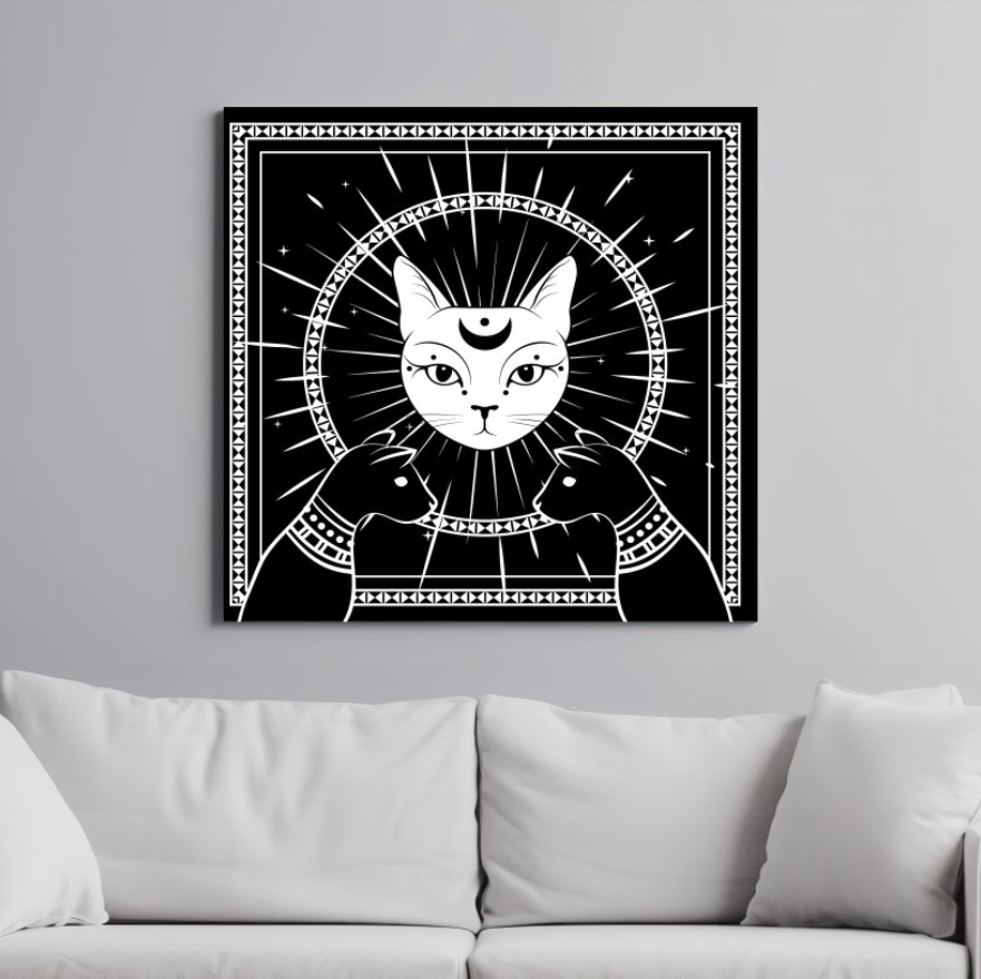Чорно біла картина з натюрмортом - Чорні єгипетські коти з місяцем на нічному небі