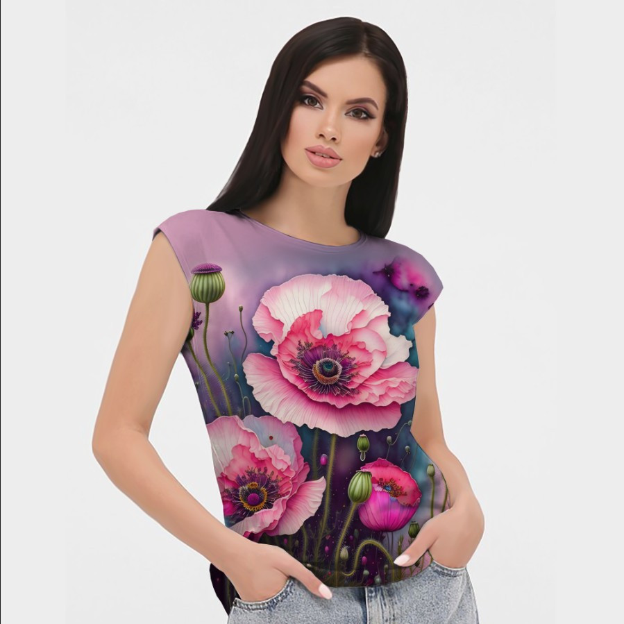 Блуза жіноча з принтом Рожеві маки ВСІ Розміри Преміум тканина