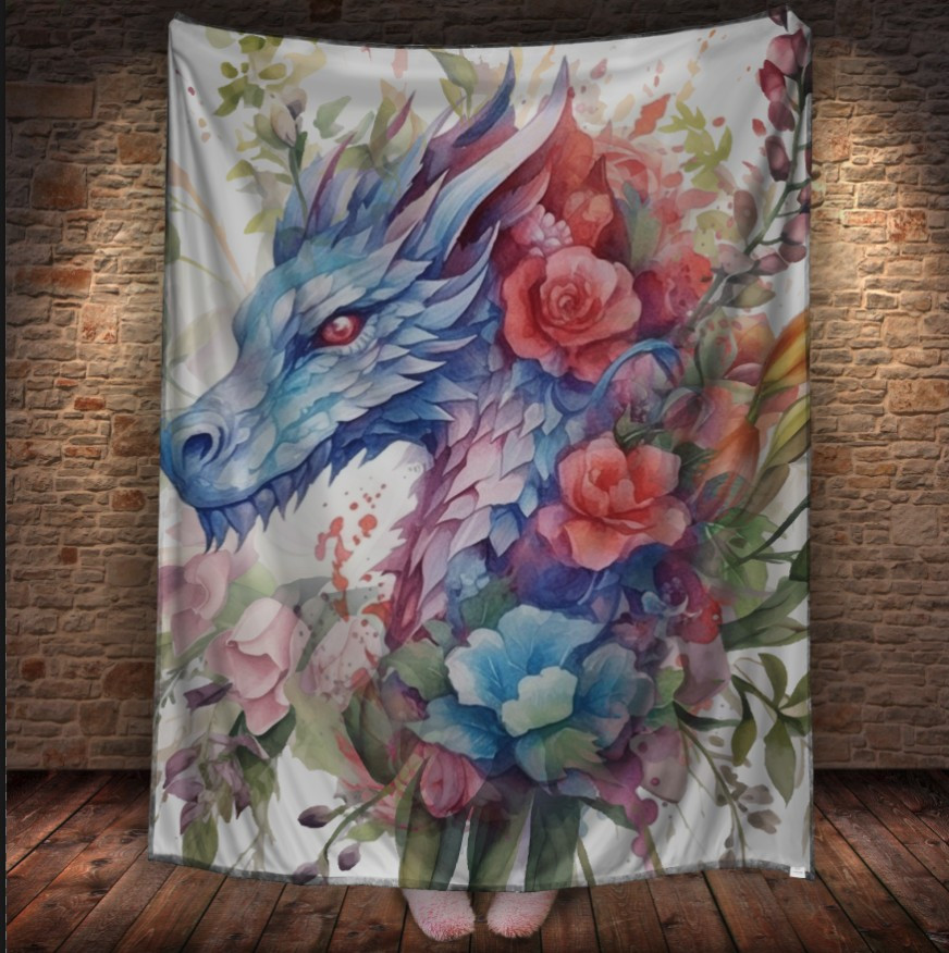 Плед із 3D-принтом Блакитний дракон з квітами 150х200 см.