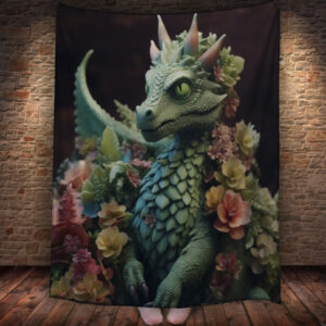 Плед із 3D-принтом Зелений дракон із квітами 150х200 см.