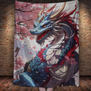 Плед із 3D-принтом Блакитний дракон із квітами сакури 150х200 см.