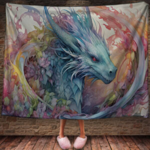Плед із 3D-принтом Блакитний дракон та акварельні квіти 150х200 см.