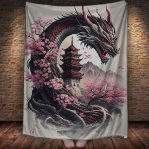 Плед із 3D-принтом Білий китайський дракон з квітами сакури 150х200 см.