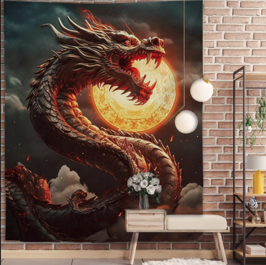 Панно - тапестрі (гобелен) з 3D принтом Дракон на тлі місяця.