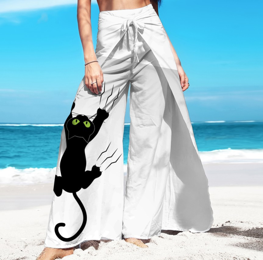 Брюки-палаццо 2в1 комбінезон з принтом (бохо-балаццо-саронг) Котик з кігтями ВСІ Розміри Преміум тканина
