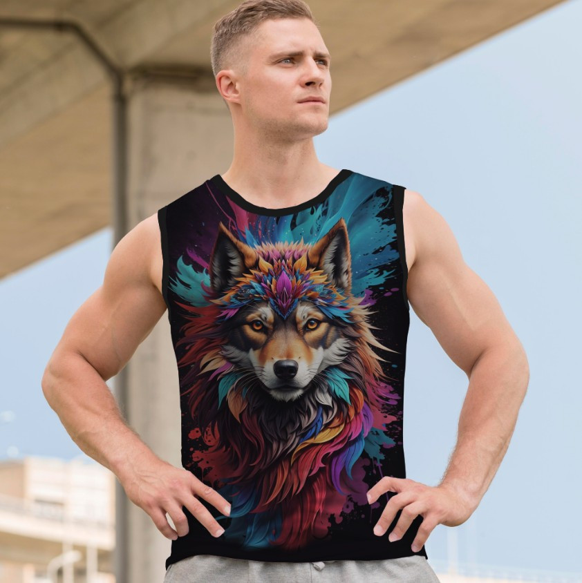 Футболка-безрукавка з 3D принтом: Неоновий арт вовк. Дорослі і Дитячі розміри ВСІ Розміри Преміум тканина