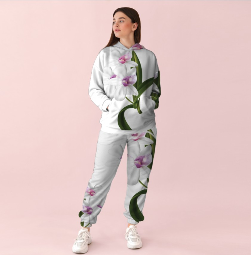 Жіночий білий спортивний костюм із ніжним принтом орхідеї. 0_005 ВСІ Розміри Преміум тканина