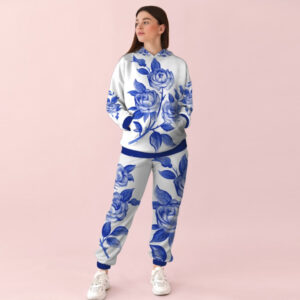 Жіночий білий спортивний костюм із блакитним принтом квіти. 0_007 ВСІ Розміри Преміум тканина