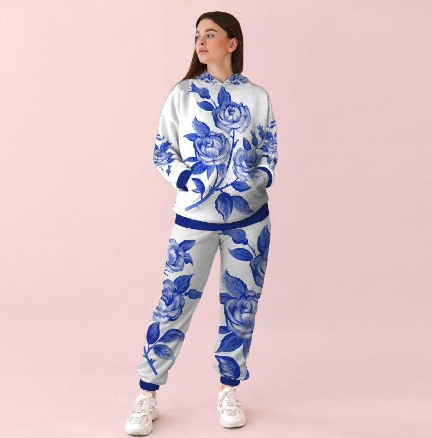 Жіночий білий спортивний костюм із блакитним принтом квіти. 0_007 ВСІ Розміри Преміум тканина