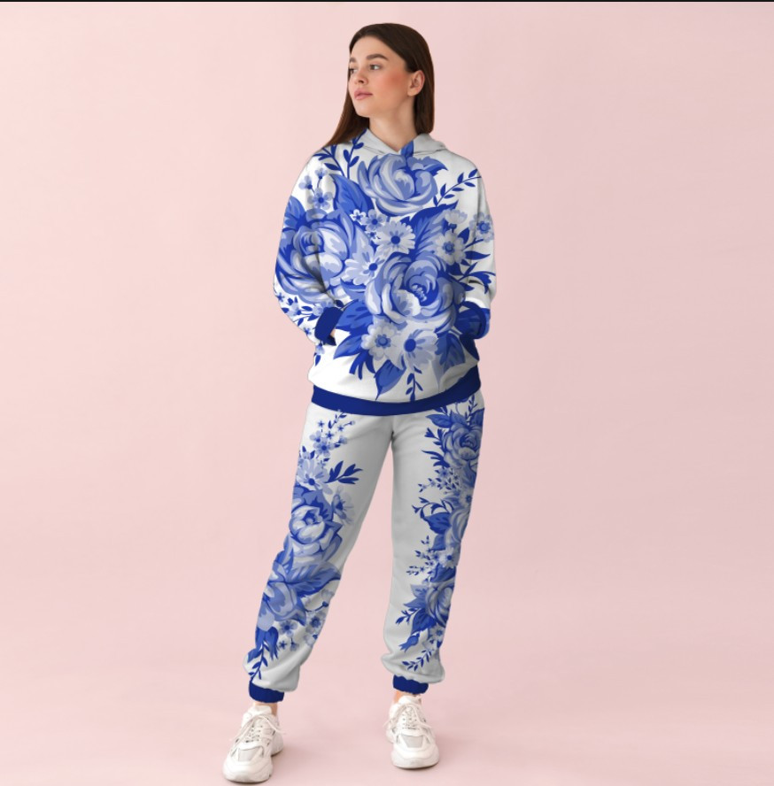Жіночий білий спортивний костюм із блакитним принтом квіти. 0_008 ВСІ Розміри Преміум тканина