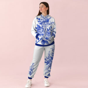 Жіночий білий спортивний костюм із блакитним принтом квіти. 0_009 ВСІ Розміри Преміум тканина