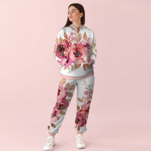 Жіночий білий спортивний костюм із принтом рожеві квіти. 0_010 ВСІ Розміри Преміум тканина