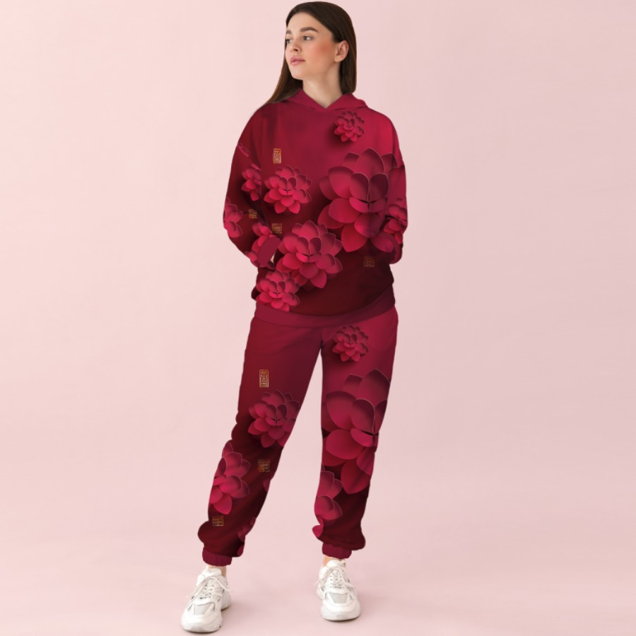 Жіночий червоний спортивний костюм із принтом квіти. 0_017 ВСІ Розміри Преміум тканина