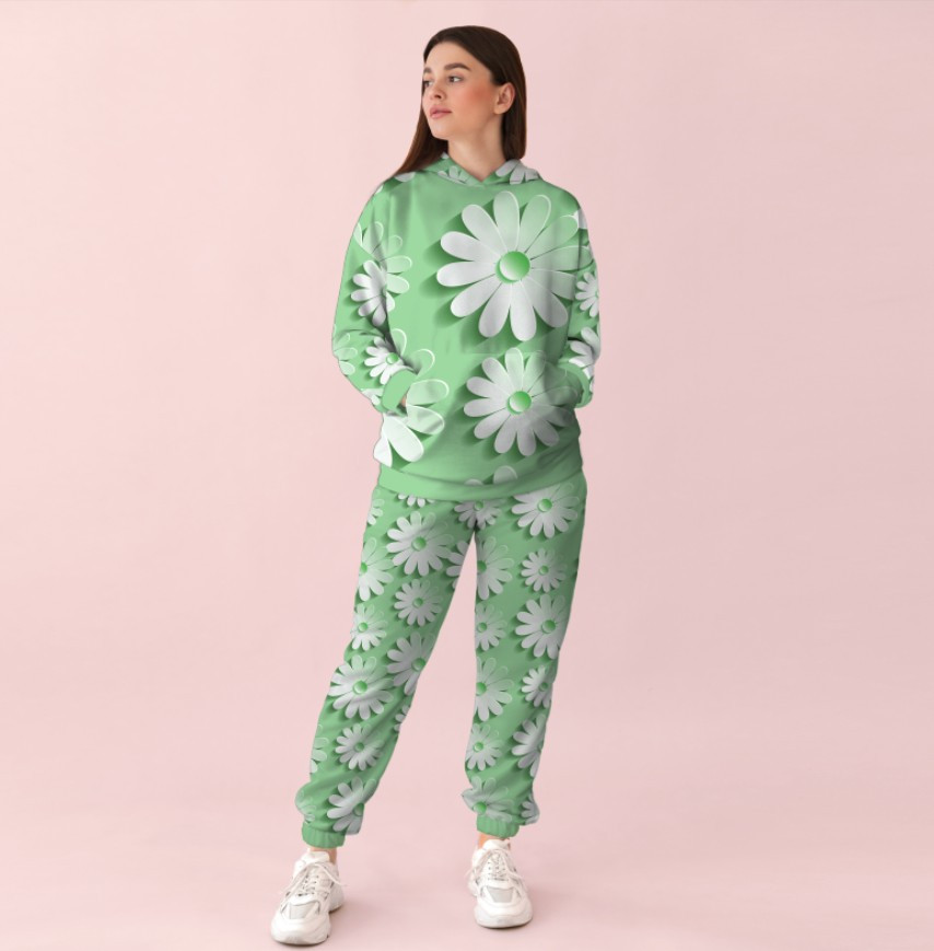 Жіночий спортивний костюм із принтом білі квіти на заленому фоні. 0_018 ВСІ Розміри Преміум тканина