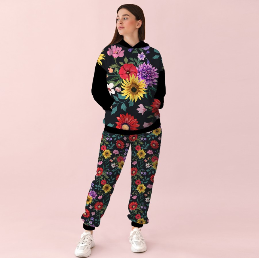 Жіночий чорний спортивний костюм із принтом квітковий орнамент. 0_023 ВСІ Розміри Преміум тканина