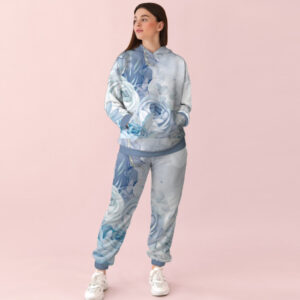 Жіночий білий спортивний костюм із блакитним принтом квіти. 0_027 ВСІ Розміри Преміум тканина