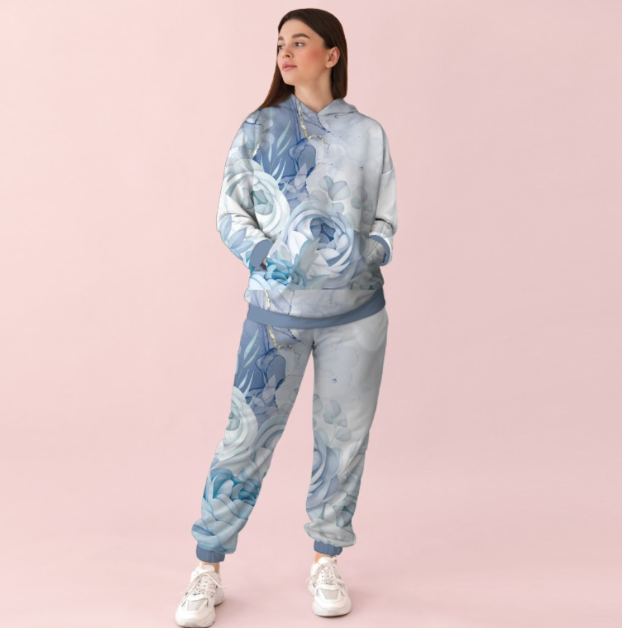 Жіночий білий спортивний костюм із блакитним принтом квіти. 0_027 ВСІ Розміри Преміум тканина