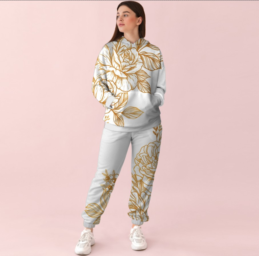 Жіночий білий спортивний костюм із принтом золоті троянди. 0_030 ВСІ Розміри Преміум тканина