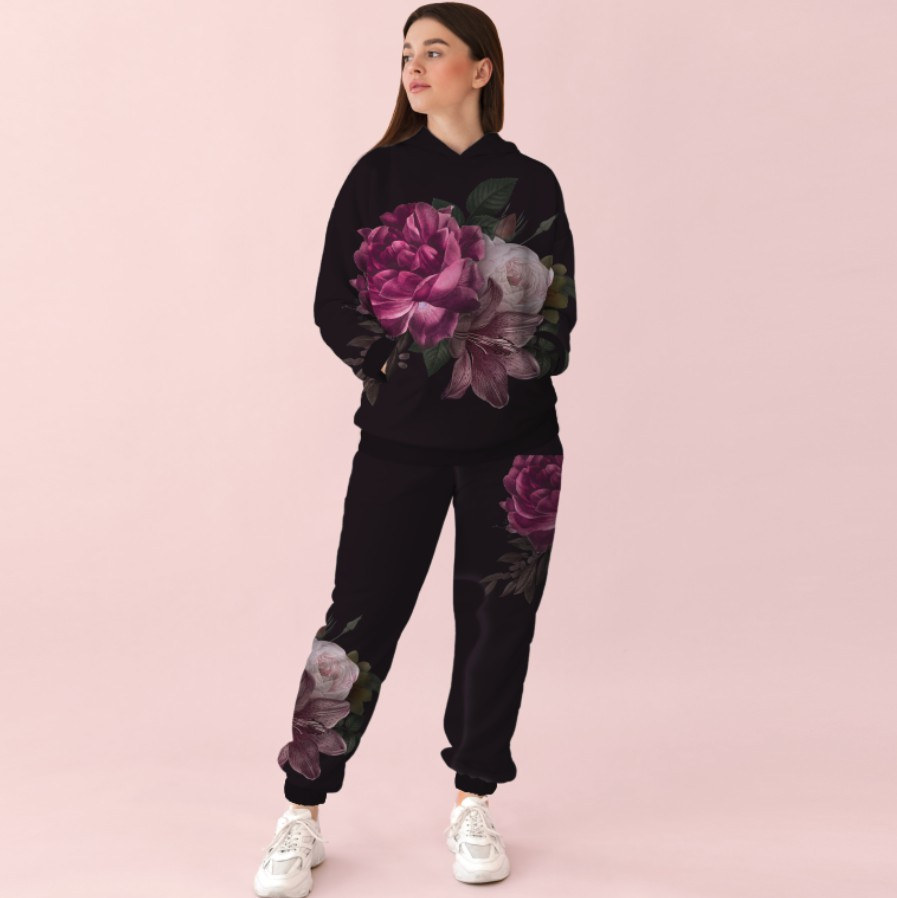 Жіночий чорний спортивний костюм із принтом ніжні півонії. 0_032 ВСІ Розміри Преміум тканина