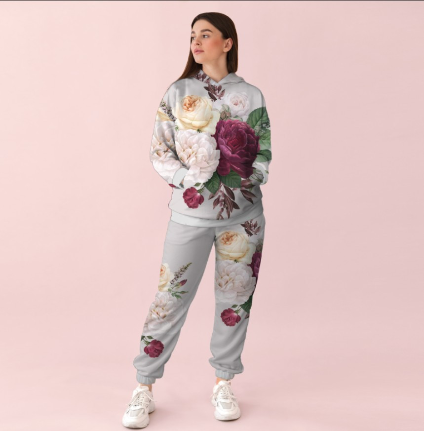 Жіночий білий спортивний костюм із принтом квітковий орнамент з півоніями. 0_038 ВСІ Розміри Преміум тканина