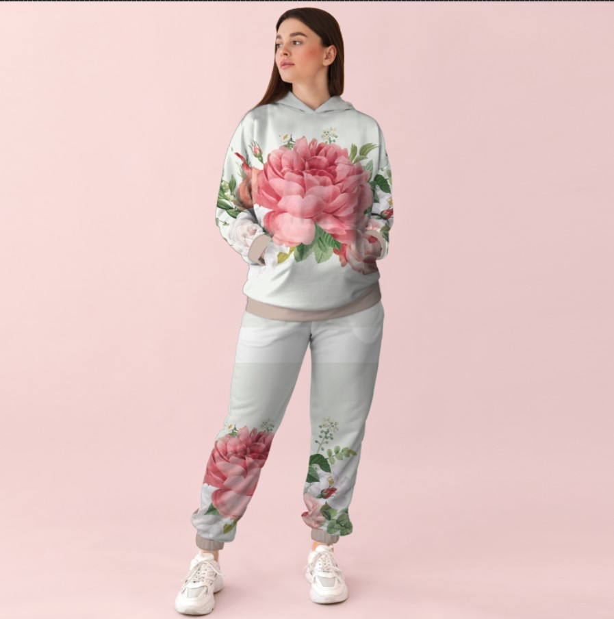 Жіночий білий спортивний костюм із принтом велика рожева троянда. 0_040 ВСІ Розміри Преміум тканина