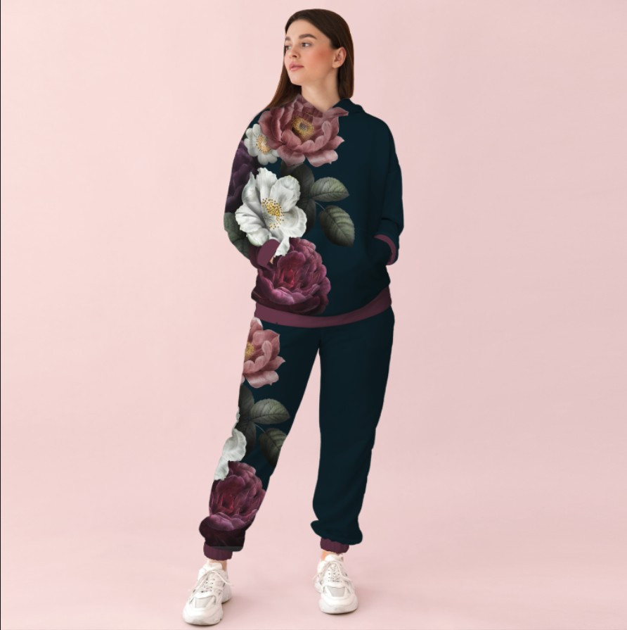 Жіночий темний спортивний костюм із принтом квітковий орнамент. 0_046 ВСІ Розміри Преміум тканина